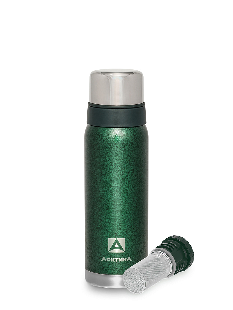 Термос серии 106 на 0.75л зелёный с ситечком и молотковой эмалью - 1