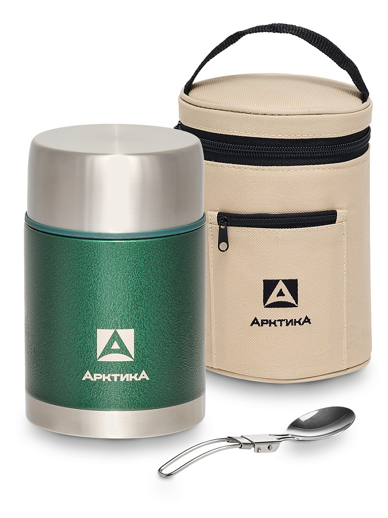 Термос 0.8л серии 306 зелёный с чехлом и складной ложкой - 1