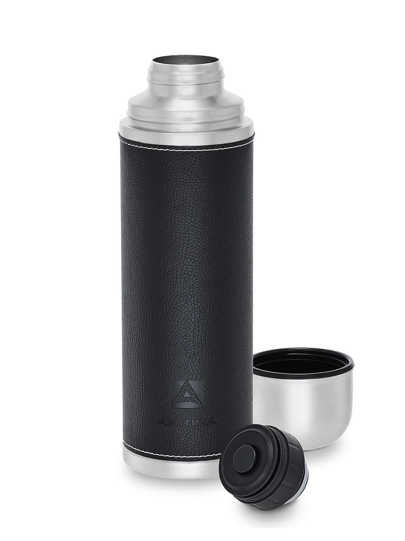 Черный термос с оплёткой из экокожи на 1л (уценка) - 1