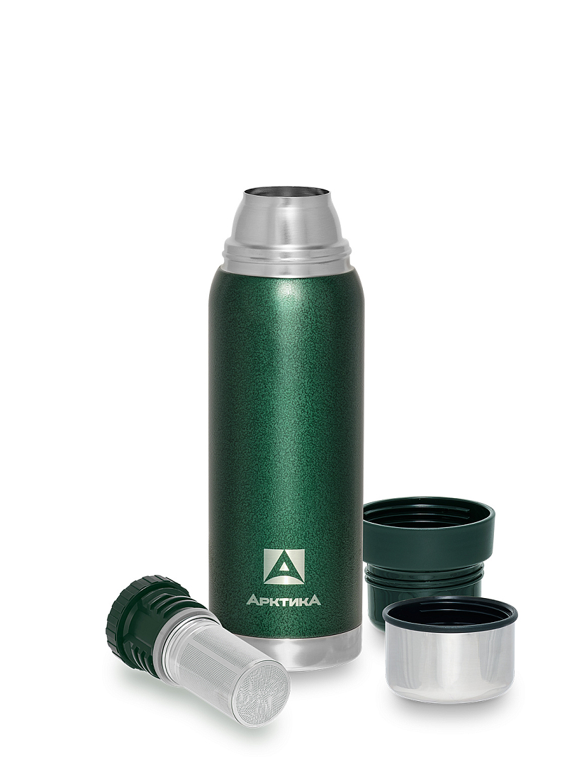 Термос серии 106 на 0.75л зелёный с ситечком и молотковой эмалью - 3
