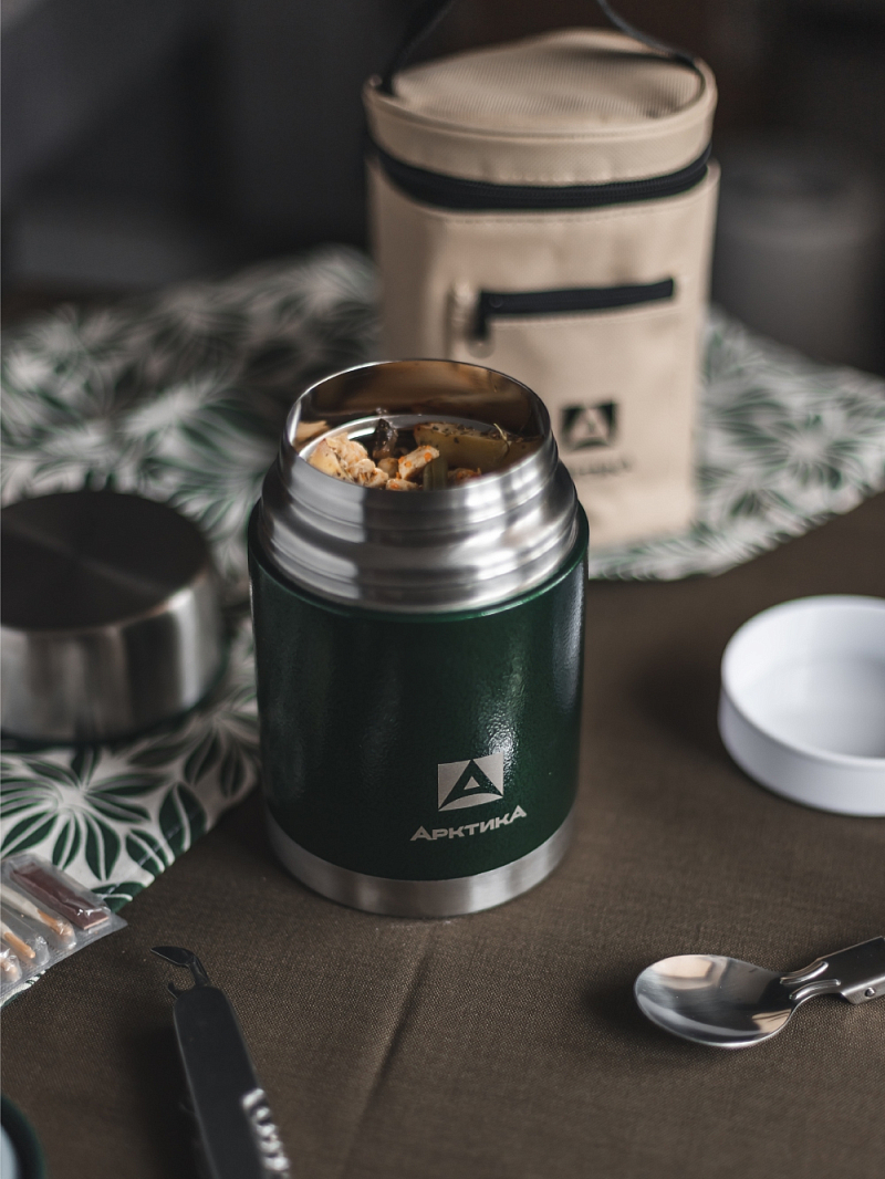 Термос 0.8л серии 306 зелёный с чехлом и складной ложкой - 6