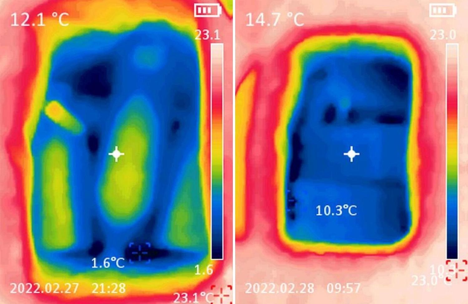 Во время теста температура фиксировалась не только термометром, но и тепловизором снаружи и внутри.