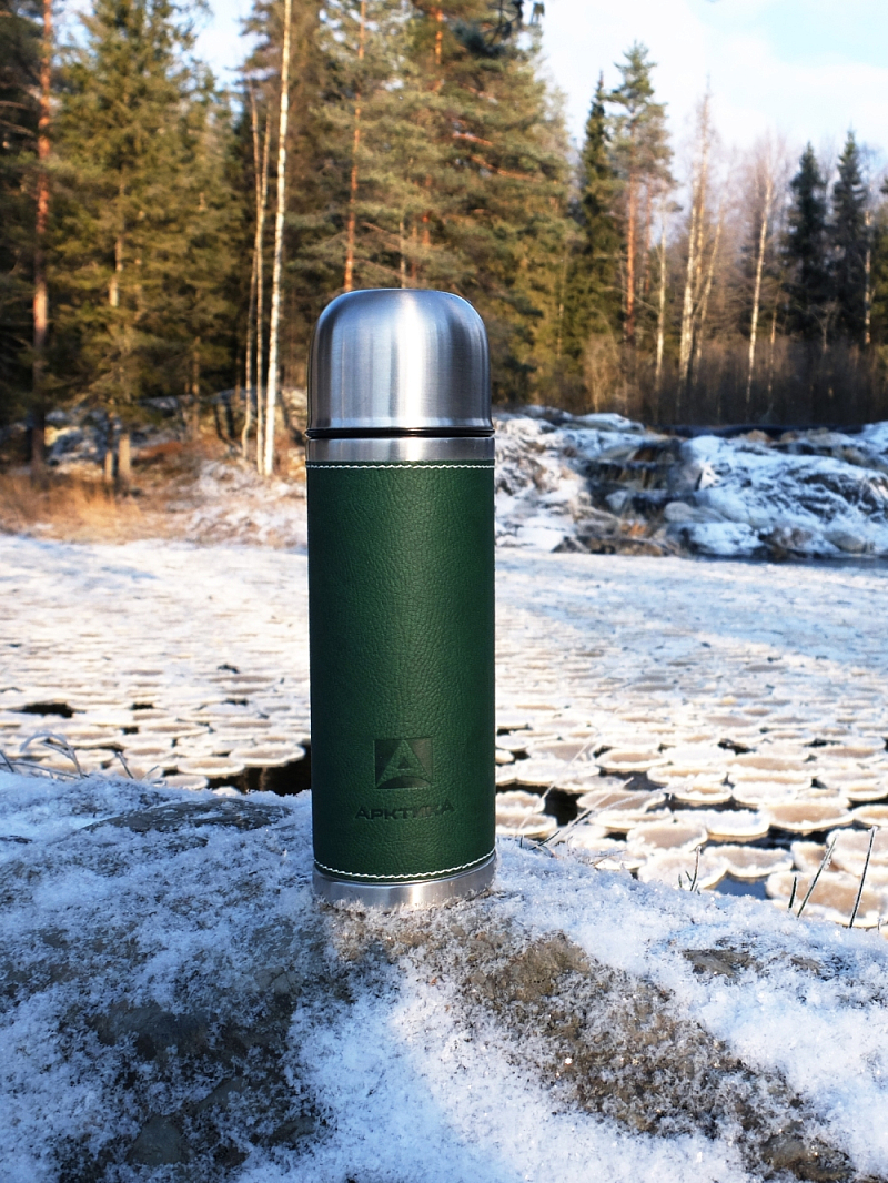 Термос 0.7л серии 108 с зелёной оплёткой из экокожи - 2